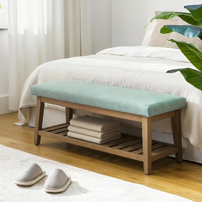 Zihanhome Entryway Shoe Bench with Cushion, End of Bed Bench,Upholstered Bench for Kitchen, Bench with Solid Wood Shelf, Fabric Ottoman Bench for Hallway, Living Room (Teal)