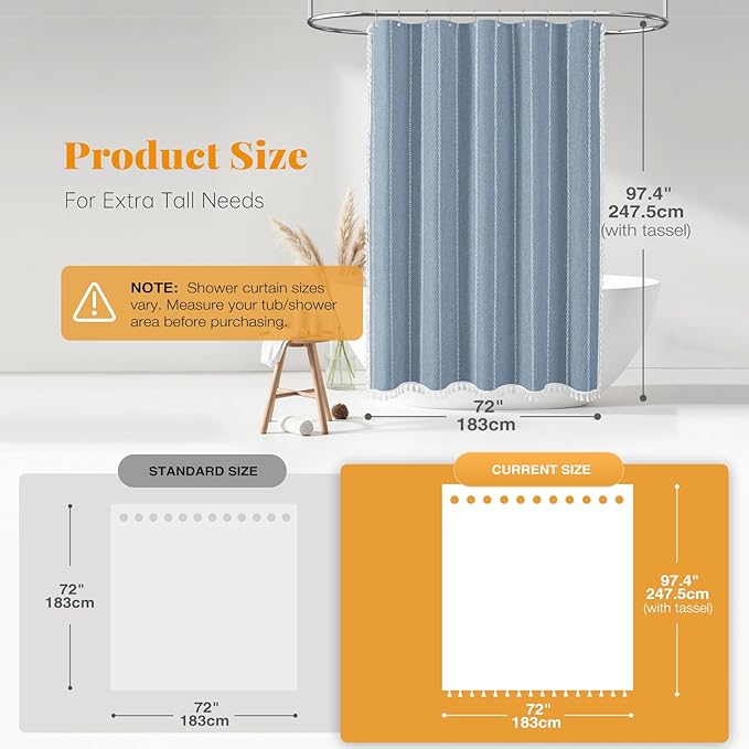BTTN Boho Farmhouse Shower Curtain - Linen Rustic Heavy Duty Striped Fabric Shower Curtain Set, Bohemian Vintage Country Cloth Shower Curtains for Bathroom, Blue, 72" W x 96" L (Pack of 1)