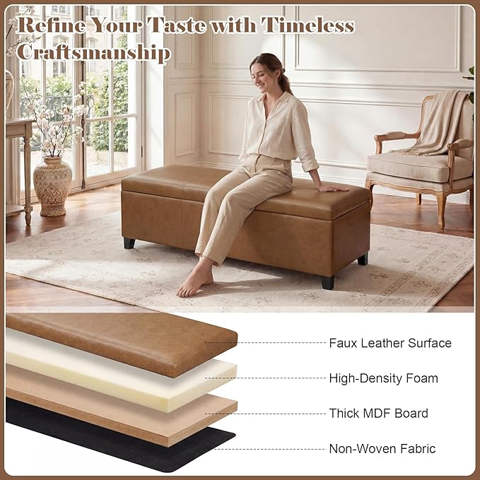 Homebeez 46" Faux Leather Storage Ottoman,End of Bed Bench,Upholstered Ottoman Bench with Storage for Living Room,Bedroom,Entryway