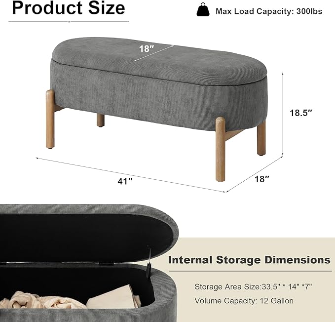 Storage Bench Ottoman, Upholstered Corduroy Storage Bench for Bedroom End of Bed, Modern Aesthetic Furniture, Large Oval Ottoman Bench for Foot of Bed, Living Room, Entryway, Under Window (Grey)