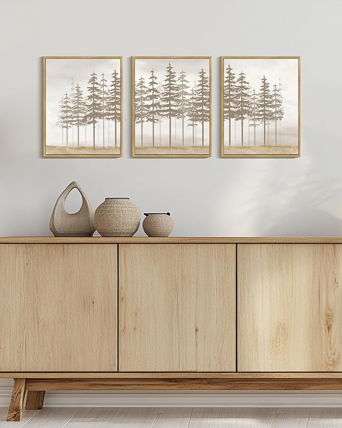 PHOPAGO Watercolor Foggy Pine Tree Framed Wall Art Nature Abstract Misty Forests Wall Decor Farmhouse Rustic Paints for Kitchen Bathroom - 11x14in Natural Framed