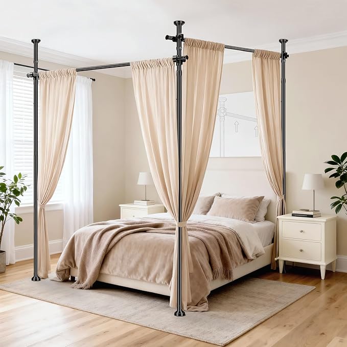 AJAZZ Room Divider No Drilling Curtain Rod Wall Divider for Room Separation, (H) 43-120×(W) 72-200 inch Adjustable, Heavy Duty Partition Space Separator Freestanding Tension Curtain Stand, Black