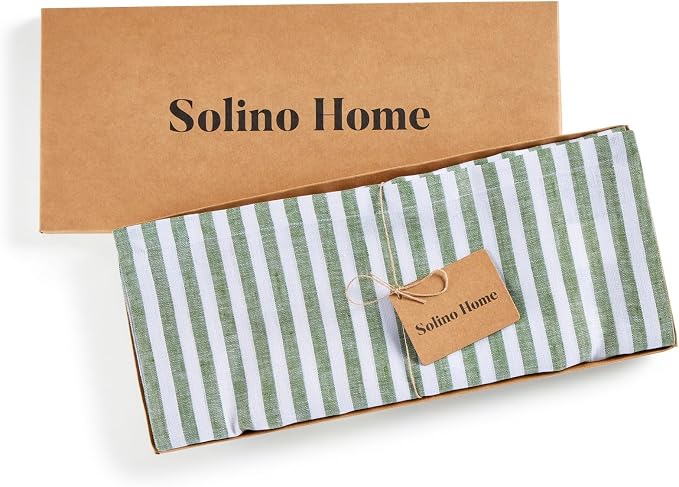 Solino Home Linen Table Runner 132 Inches Long - Amalfi Stripe, 100% Pure Linen Green and White Table Runner 14 x 132 Inch for Dining, Summer