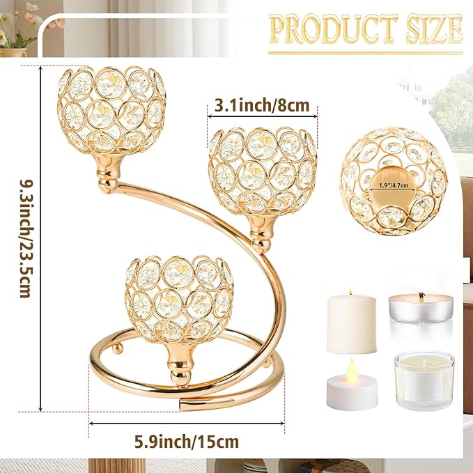 Gold Metal Crystal Candle Holder - Modern 3-Arm Tea Light Centerpiece with Sparkling Crystal Bowl, Elegant Table Decor for Weddings, Anniversaries, Dining & Parties