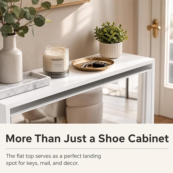 HOPUBUY Mirror Shoe Cabinet for Entryway, Narrow Shoe Storage Cabinet with 3 Flip Drawers, Wood Slim Shoe Rack, 3 Tier Thin Shoe Organizer for Home and Apartment
