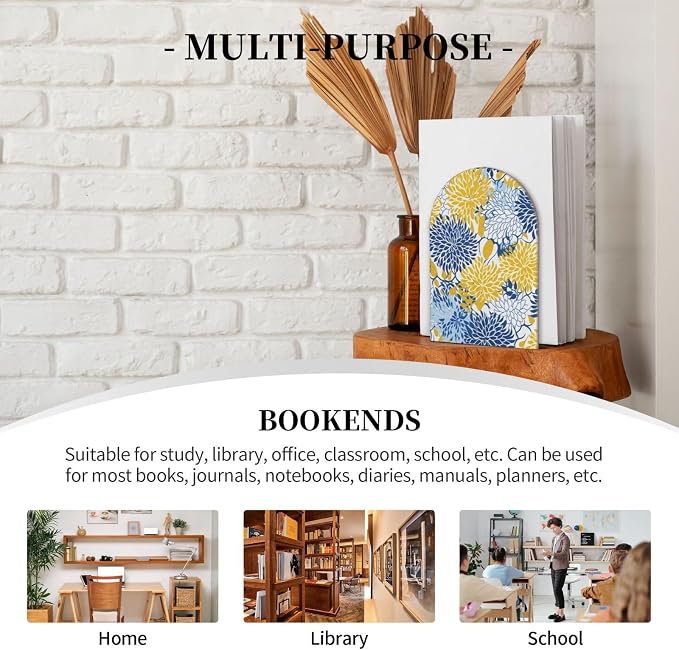 Blue Floral Yellow Flower 2 Pack Decorative Bookends 6.7x4.2 in, Book Ends for Home Office Library Shelves Decor Room Kitchen Desktop