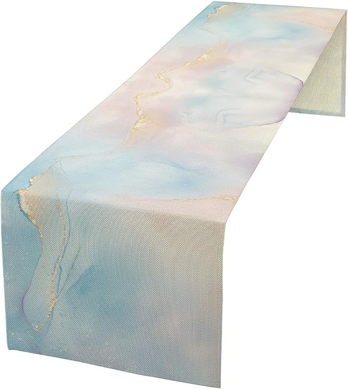 Watercolor Marble Table Runner, Dreamy Blue Pink Cloud Textured Modern Decoration Table Runner for Kitchen Dining Home Party Birthday Wedding, 13x108 Inch