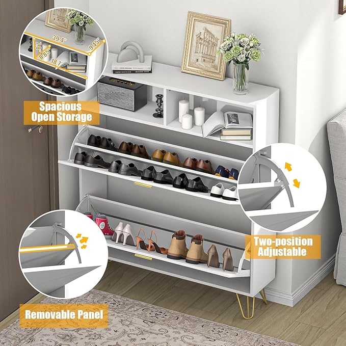 JOZZBY Large Shoe Cabinet for Entryway, 46'' Tall Narrow Shoe Storage Cabinet with 2 Flip Drawers and Open Shelves, White Freestanding Shoe Organizer for Hallway, Living Room