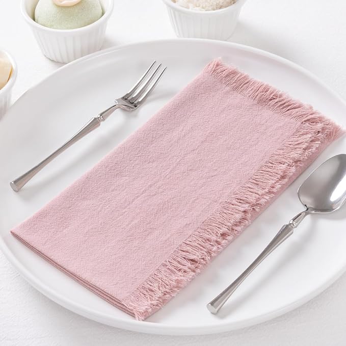 DeZerlor 6 Pack Pink Cotton Linen Napkins with Fringe Summer Cloth Napkins Set of 6 Boho Handmade Dinner Napkins Bulk for Wedding Bridal Baby Shower Parties, 17 x 17 Inches