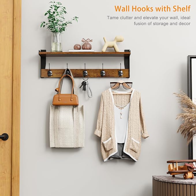 Coat Rack with Wall Mount, 23 Inch Long Entryway Wall Shelf with Hooks, Wood Hanger with Storage Shelf for Bathroom, Hallway, Rustic Brown