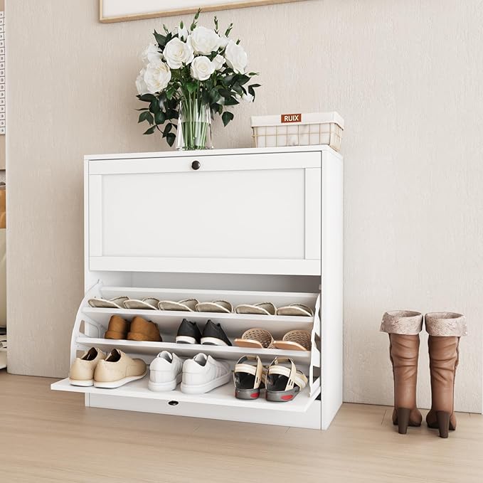 VOWNER Shoe Cabinet with 2 Flip Drawers, Shoe Storage Cabinet with 3-Tier Shoe Rack & Adjustable Shelves, Shoe Organizer for Entryway, Hallway, White