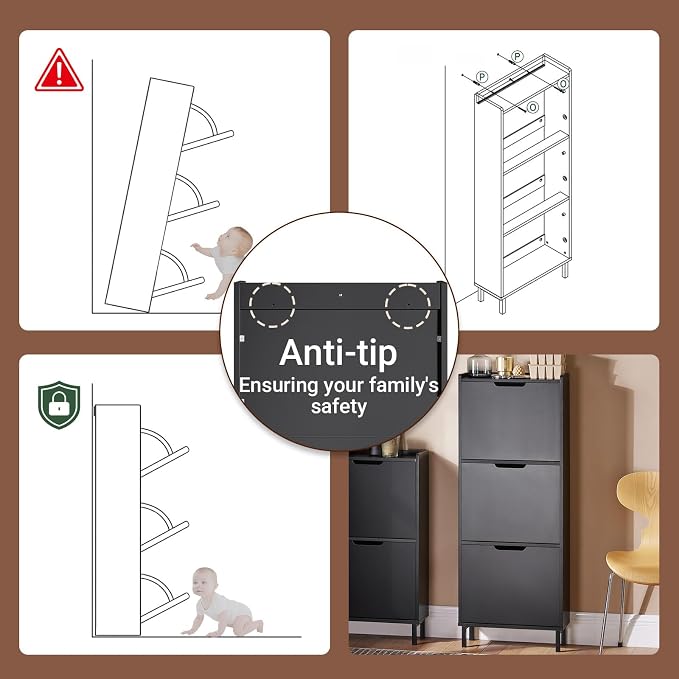 Haotian Slim Shoe Cabinet Entryway, Hidden Shoe Storage with Three Flip Drawers to Save Space, Freestanding Shoe Rack for Front Door, Entryway, Hallway (Black)