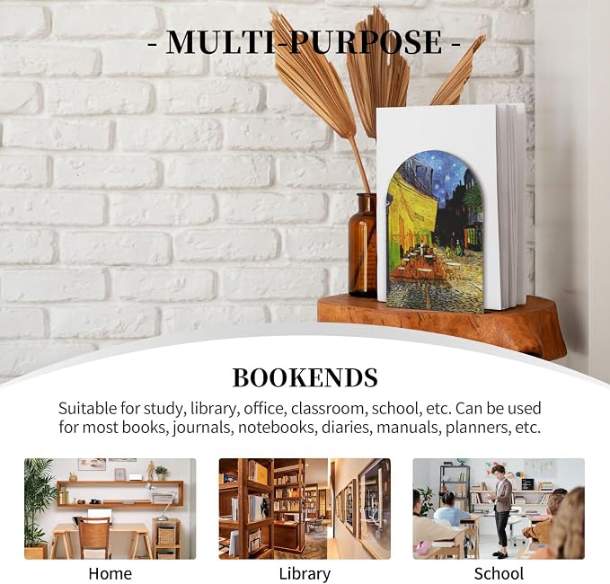 Cafe Terrace 2 Piece Decorative Bookends 6.7x4.2 in, Night Scene Book Ends for Home Office Library Shelves Decor Room Kitchen Desktop