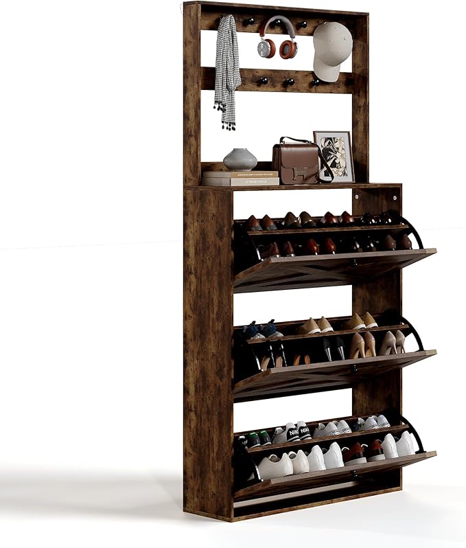 HOPUBUY Tall Shoe Cabinet with 3 Flip Drawers, Farmhouse Hidden Shoe Storage Cabinet with Rack, Slim Narrow Freestanding Shoe Storage Organizer for Entryway, Hallway & Living Room,Rustic Brown