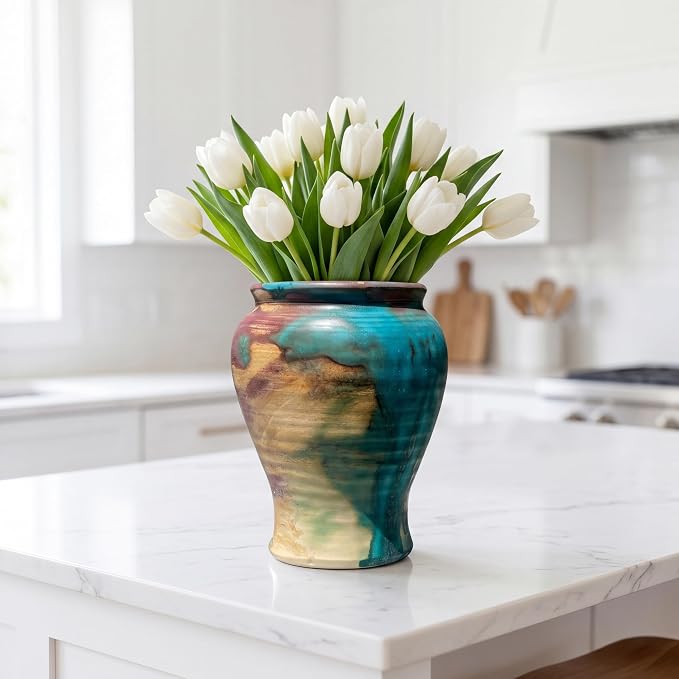 Rustic Ceramic Flower Vase for Home Decor, Handmade Vintage Stoneware Clay Pottery Terracotta Textured for Modern Farmhouse, Living Room, Office Desk Table Shelf 6.7IN (Teal Brown)