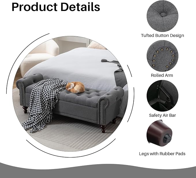 SOFTHION 58.1" Storage Bench Upholstered Linen End of Bedroom Bed Bench Ottoman with Tufted Cushioned Rolled Arm Large Storage Space for Reading Living Room Entryway, Grey