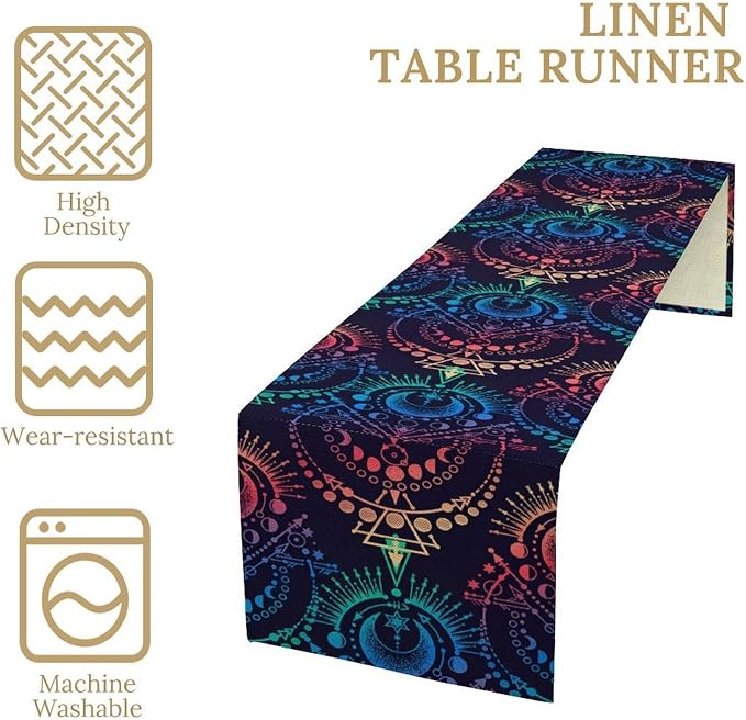 Magic Astrology Table Runner, Colorful Mystical Celestial Moon Star Boho Zodiac Table Runner for Kitchen Dining Picnic Party Wedding Decor, 13x70 Inch