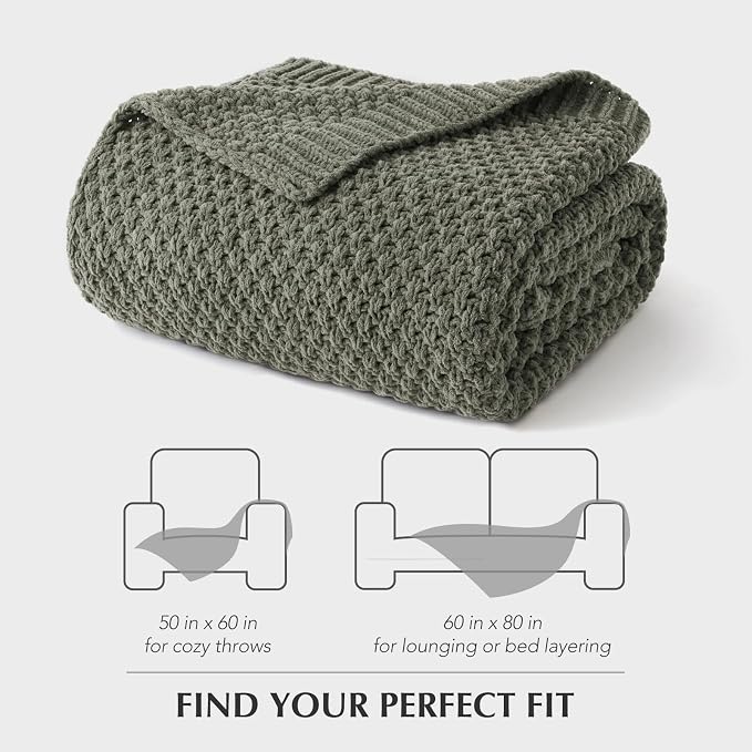 EVERGRACEHOME Chunky Chenille Knit Throw Blanket for Couch, Soft Luxurious Moss Stitch Blankets for Bed, Cozy Decorative Farmhouse Knitted Throws for Sofa, Dried Thyme Green, 50" x 60"