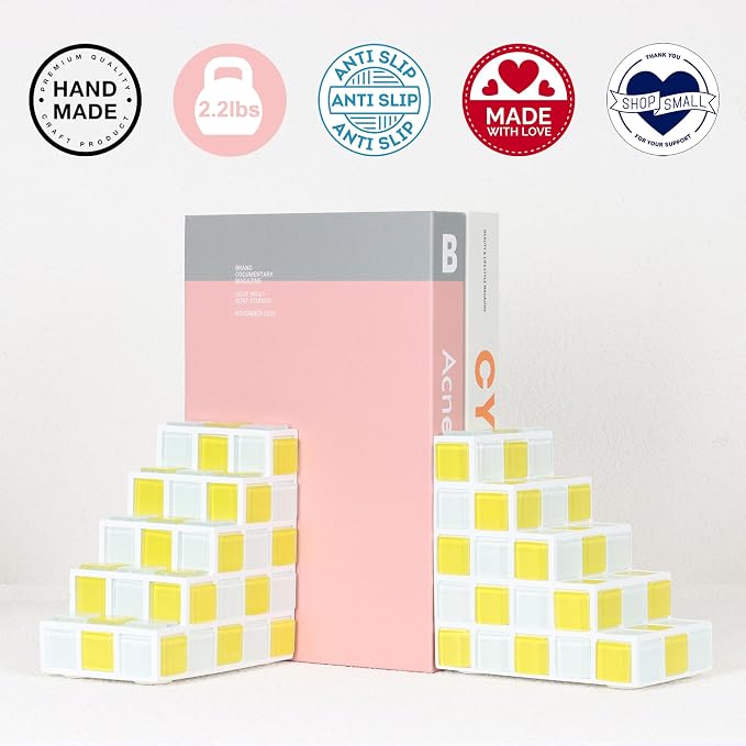 Decorative Bookends for Shelves - Stair Book Ends for Heavy Books - Unique Book Stopper & Holder for Shelves - Modern Home Decor Aesthetic Bookshelf Decor (Yellow & White)