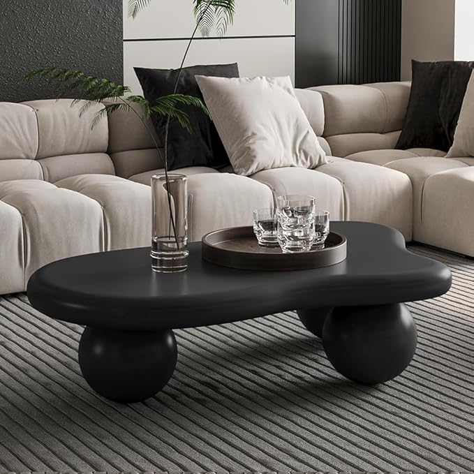 40" Cloud Coffee Table for Living Room Irregular Coffee Table Modern Unique Coffee Tables Low Cute Center Tables with Ball Legs for Small Space Apartment Cream Black