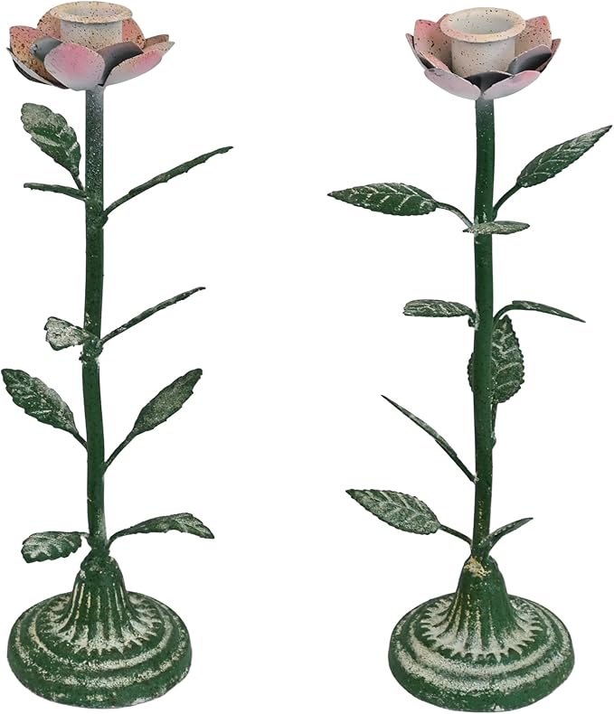 Vintage Metal Taper Flower Candle Holders Set of 2 Rustic Distressed Iron Decor Candlestick Handmade Tall Candle Stick Stands for Centerpiece Table Mantel Wedding Party Home Decoration Rose Green