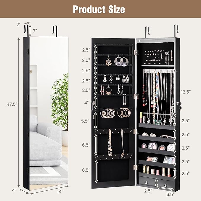 LOKO Mirrored Jewelry Armoire, Wall/Door Mounted Jewelry Cabinet with Full-Length Mirror, Lockable Jewelry Storage Organizer with 2 Drawers & 2 LED Lights, for Girls Women Gift Bedroom (Black)