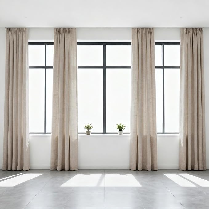 Flax Linen 84 Inch Pinch Pleated Curtains 2 Panel Set for Living Room Thick Textured Drapes 84 Inches Long Pinch Pleat Drapes Semi Sheer Curtain for Dining Bedroom Office Grey Taupe