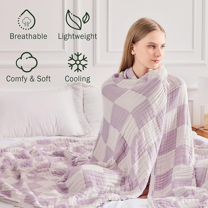 EMME Cooling Muslin Twin XL Blanket - Checkered Lightweight Summer Cotton Blankets of Rayon Derived from Bamboo for Hot Sleepers, Soft Breathable All Season Gauze