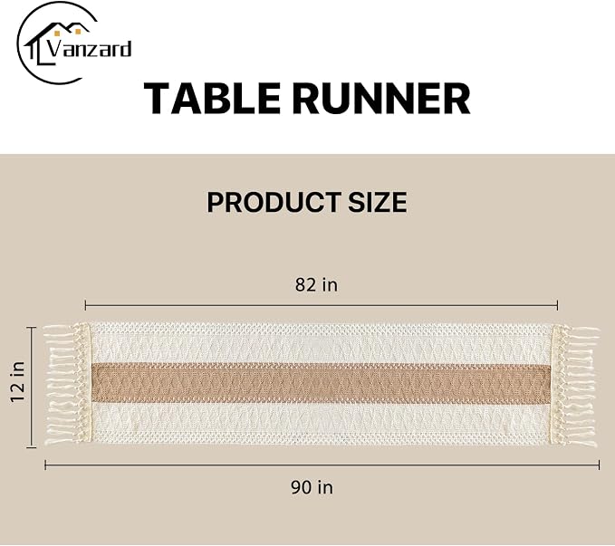 Boho Table Runner for Home Decor with Tassels 90 Inches Long, Farmhouse Rustic Cream & Brown Table Runners for Kitchen Holiday Party and Wedding Decor Runner (12x90in, Fringe Included)