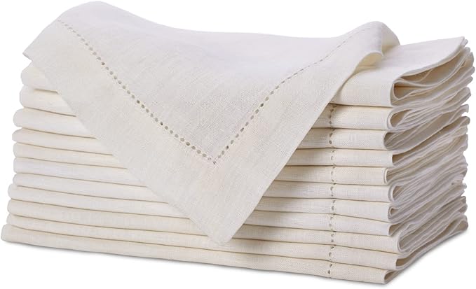Genuine Linen Napkins - Set of 12 Cloth Napkins with Hemstitch Detail - Hand Crafted Pure Luxury Linen Reusable Lunch Dinner Napkin - Fall Summer Holiday Table - Large 18x18 - Ivory - COTTON CRAFT