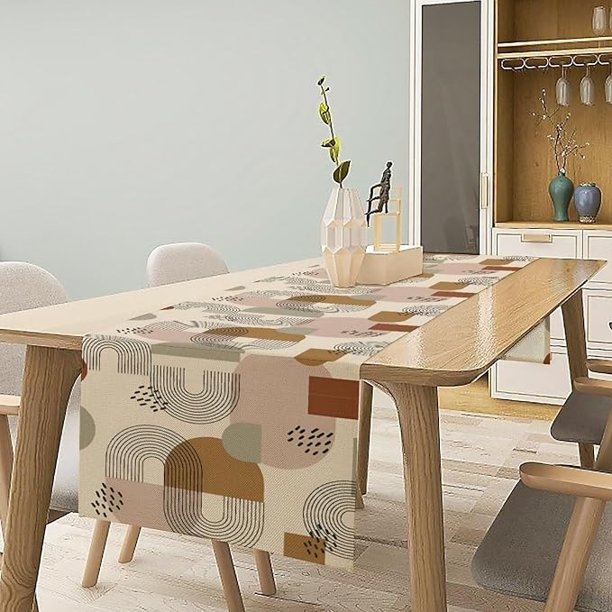 Mid Century Table Runner, Boho Neutral Abstract Geometric Bohemian Modern Table Decoration for Kitchen Dining Home Party Birthday, 13x36 Inch