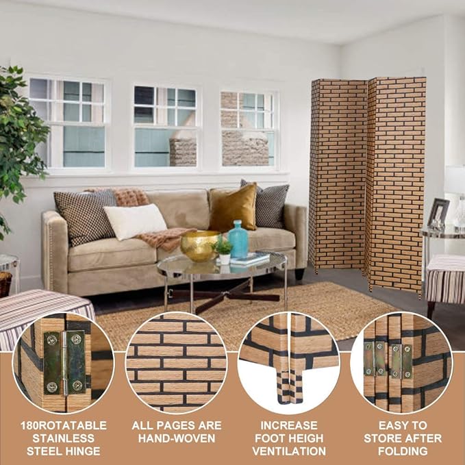 Room Dividers and Folding Privacy Screens 4 Panel 6 ft Foldable Portable Room Seperating Divider, Handwork Wood Mesh Woven Design Room Divider Wall, Room Partitions and Dividers Freestanding, Brick