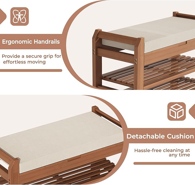 27.6" Bamboo Shoe Bench with Cushion, 5 Hooks Coat Rack, 2-Tier Storage Bench for Entryway, Heavy Duty Shoe Rack Organizer with Removable Soft Cushion for Living Room Bedroom Hallway
