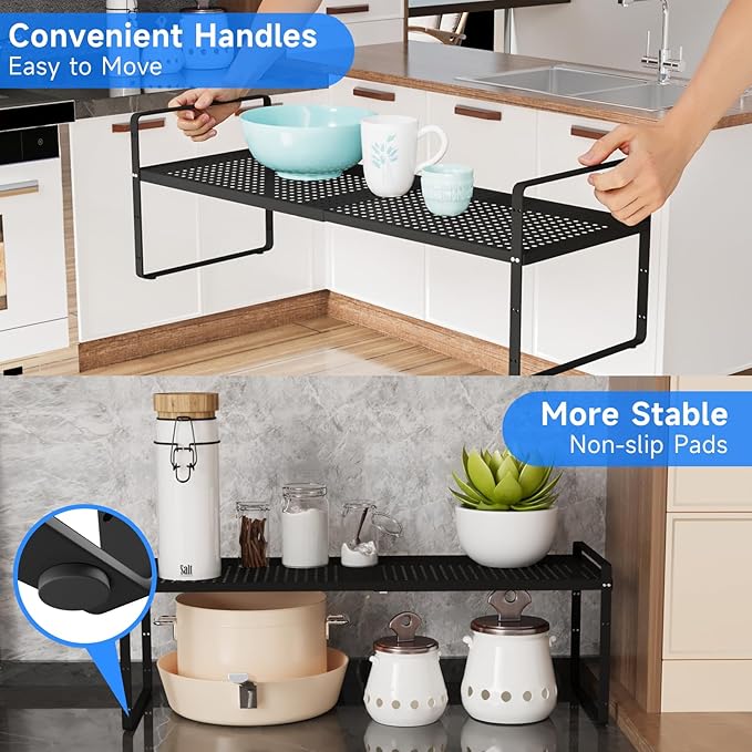 Expandable Kitchen Shelf Organizers, Kitchen Cabinet Organizer Stand Rack Organization for Countertop Office Desktop Spice Rack, Black 2 Pack