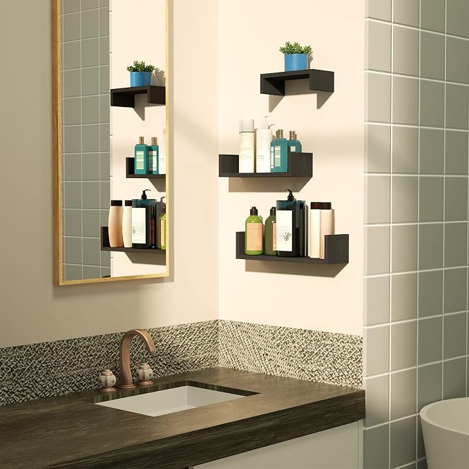 SRIWATANA Floating Shelves Wall Mounted, Solid Wood Wall Shelves, Black