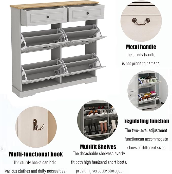 Locsear Shoe Storage Cabinet with 4 Flip Drawers, 2 Drawers, Freestanding Shoe Cabinet Organizer with Adjustable Shelf for Entryway, Foyer, Slim Shoe Cabinet-Antique White