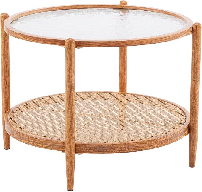 VINGLI 25.6" Rattan Coffee Table, Round Water-Wave Glass Metal Center Table, Modern Coffee Table with 2-Tier Storage, Farmhouse Circular Coffee Tables for Living Room and Small Space, Natural Vibe