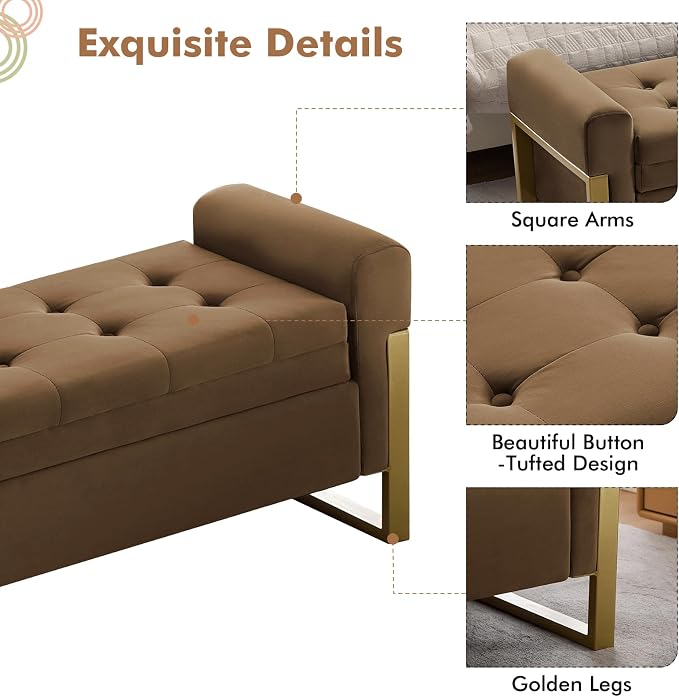 67" End of Bed Storage Bench King Size, Velvet Storage Bench for Bedroom Foot of Bed, Upholstered Storage Ottoman Bench with Gold Legs for Window Living Room Entryway, Brown