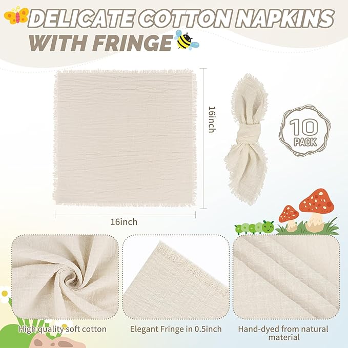 Showgeous 10 Pack Natural Cloth Napkins with Fringe 16x16 inch 100% Cotton Napkins Handmade Dinner Napkins Bulk Washable Soft Rustic Table Napkins for Wedding Parties Bridal Baby Shower