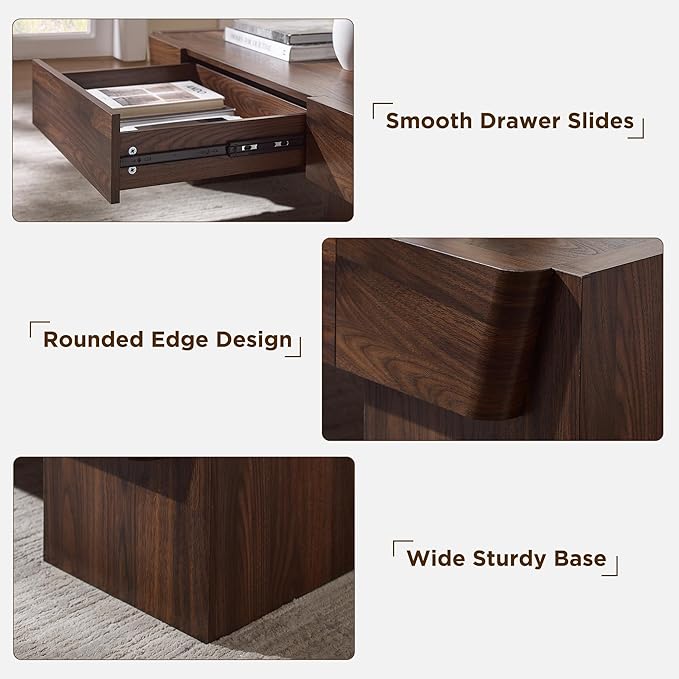 JXQTLINGMU 47" Modern Coffee Table with Storage, Wood Large Coffee Table with Drawer, Rectangle Center Table for Living Room, Brown
