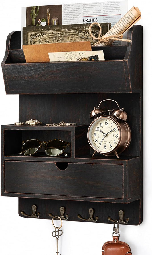 Rebee Vision Pine Wood Key Holder Wall Mount with Drawer Organizer - Farmhouse Key Holder for Wall with Mail Slot & 4 Hooks - Perfect Envelope Holder for Home Decor (Distressed Black)