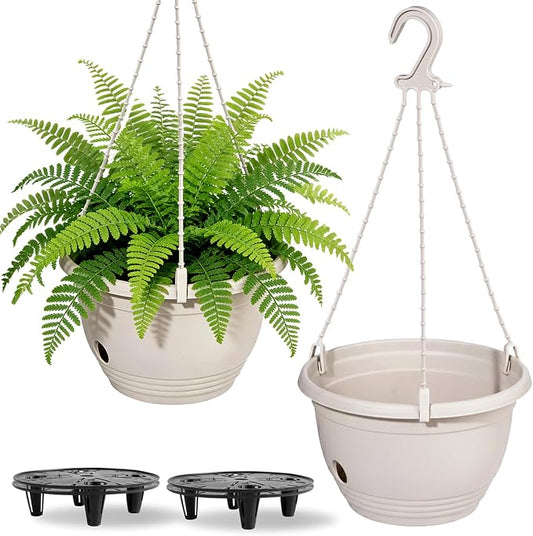 2 Pack 8 Inch Self-Watering Hanging Planters, Dual-Use Plastic Flower Pots with Water Storage and Drainage, Indoor Outdoor Plant Containers for Herbs, Spider Plants, Pothos