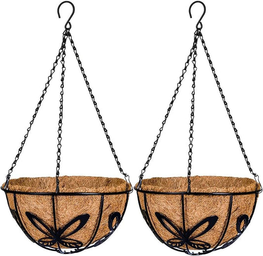Kingbuy Metal Hanging Basket for Plant Planter with Coconut Fiber Liner Chain Wire Holder 12 Inch Flower Pot Indoor Outdoor Patio Lawn Garden Decor, Butterfly Pattern, 2 Pack