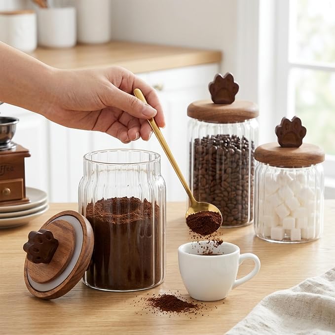 Glass Coffee Canister Set - 3 Pack 30Oz 20Oz 13Oz Airtight Ribbed Glass Storage Jars with Paw Shaped Wood Lids Gold Spoon Label Sticker, for Kitchen Countertop Bar Food Bean Sugar Container