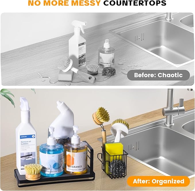KONE Black Kitchen Sink Caddy: Kitchen Sponge Holder with Instant Drying Stone and Brush Holder, Rustproof Sink Organizer for Sponges, Soap, Home Decor Storage and Organization