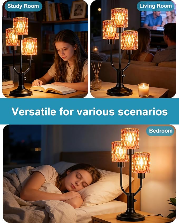 Lightdot Modern Glass Table Lamp Dimmable Mid Century Black Desk Lamp with Thickened Red Glass 3 Bulbs Included 3000K Warmwhite Nightstand Lamp for Bedroom Bedside End Table