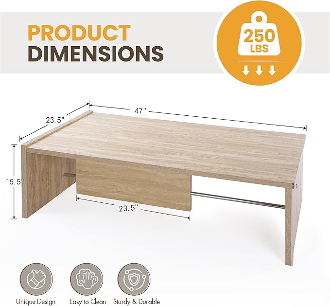 Hyfirm Faux Travertine Coffee Table for Living Room: Rectangular Minimalist Coffee Table with Sturdy Frame Contemporary Accent Tables for Office Apartment Family Room Center Table (Natural Beige)