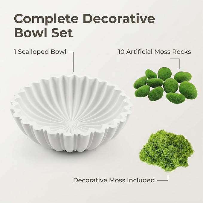 Decorative Bowl Set for Home Decor, 10.6" Large White Scalloped Fruit Bowl for Coffee Table, Entryway Table, Kitchen Counter, Includes 10 Artificial Moss Rocks and Decorative Moss