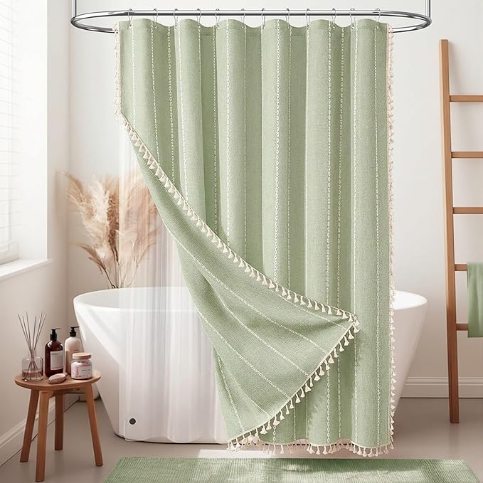BTTN 3 in 1 Shower Curtain with Liner, 90 Inch Extra Long Boho Linen Striped Cloth Shower Curtain Set with Hook, Heavy Rustic Farmhouse Bohemian Luxury Fabric Curtain for Bathroom, Sage Green, 72x90