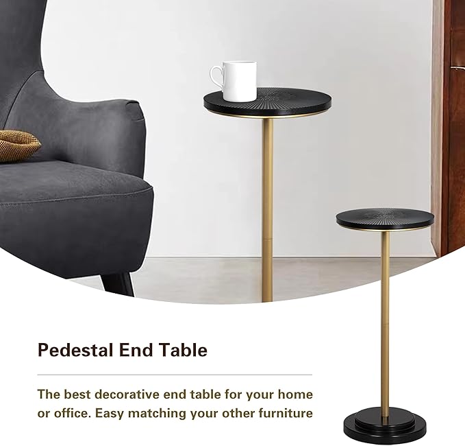 COVLON Drink Table Set of 2, Small Round Pedestal Side Table with Carved Top for Living Room, Bedroom, Small Space, Corners and Office, Gold and Black